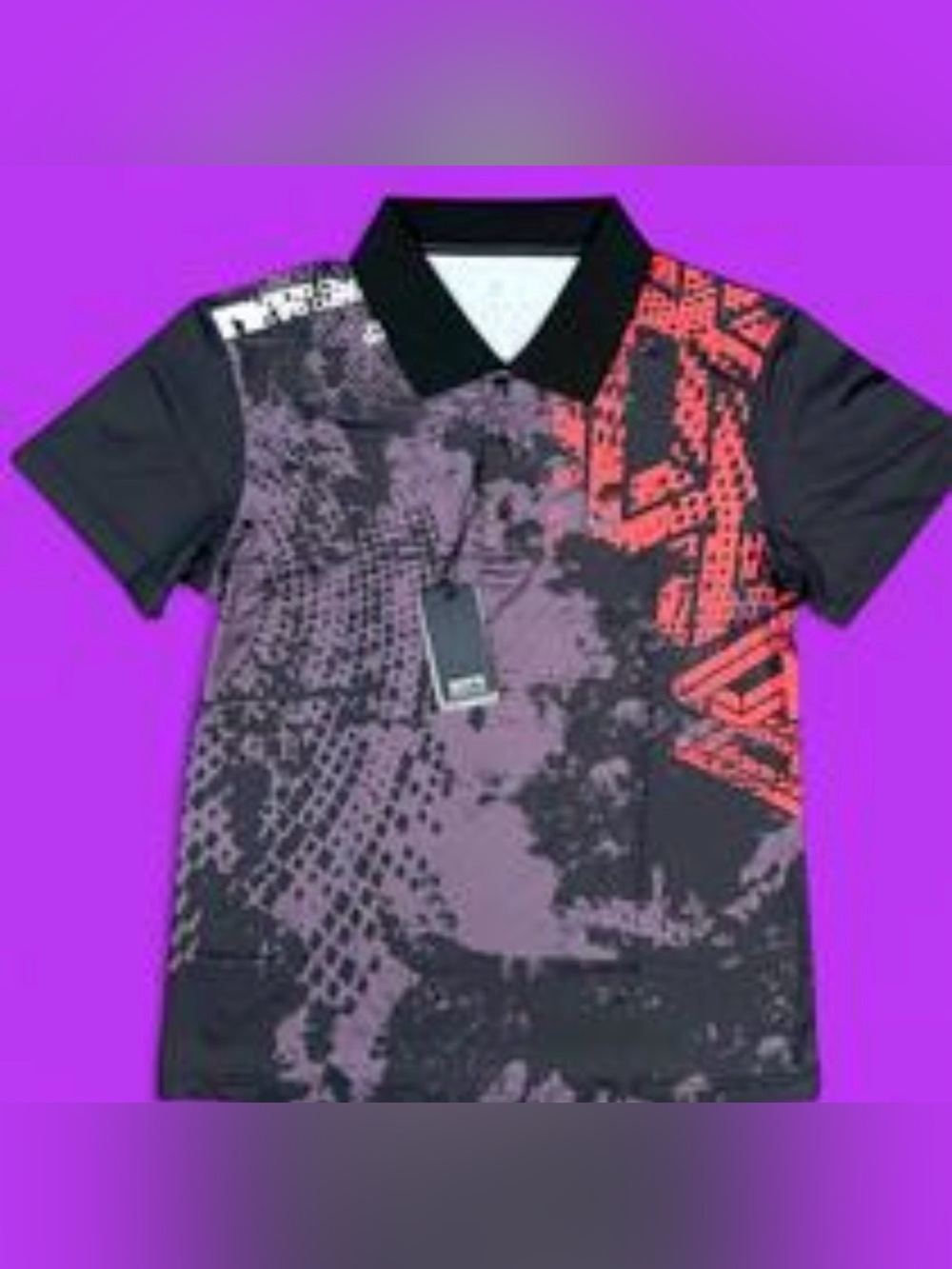 Women’s Ziti Black Golf Polo with Purple and Red Graphic - Picture 2 of 5